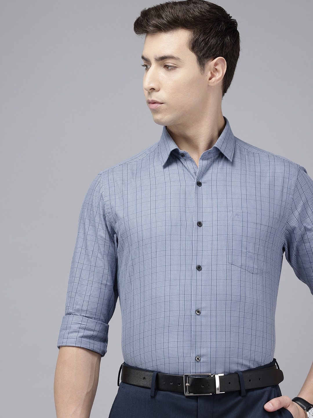 

Arrow Manhattan Slim Fit Checked Pure Cotton Formal Shirt, Blue
