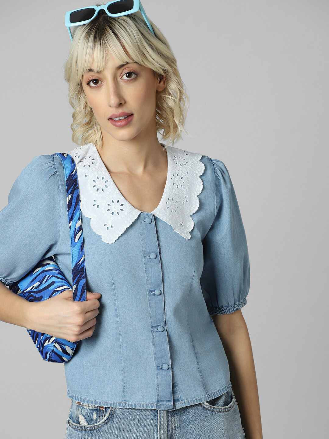 

ONLY Women Peter Pan Collar Denim Casual Shirt, Blue