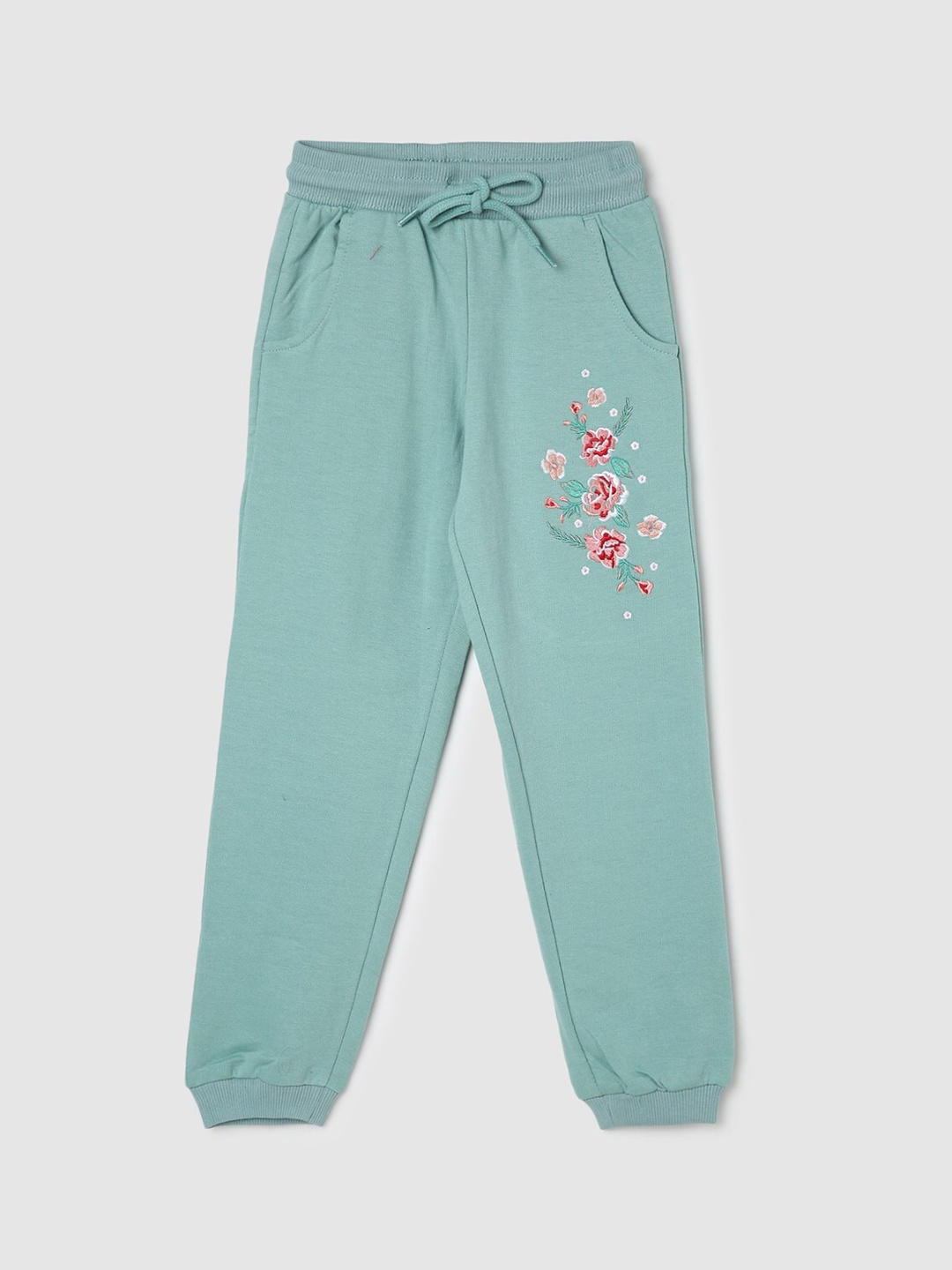 

max Girls Embroidered Detail Regular-Fit Pure Cotton Joggers, Teal
