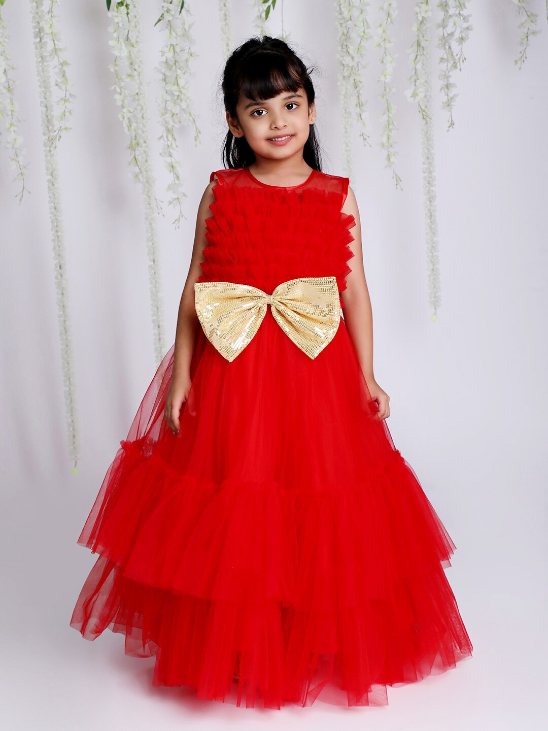 

KID1 Girls Bow & Ruffles Detail Fit & Flare Maxi Dress, Red