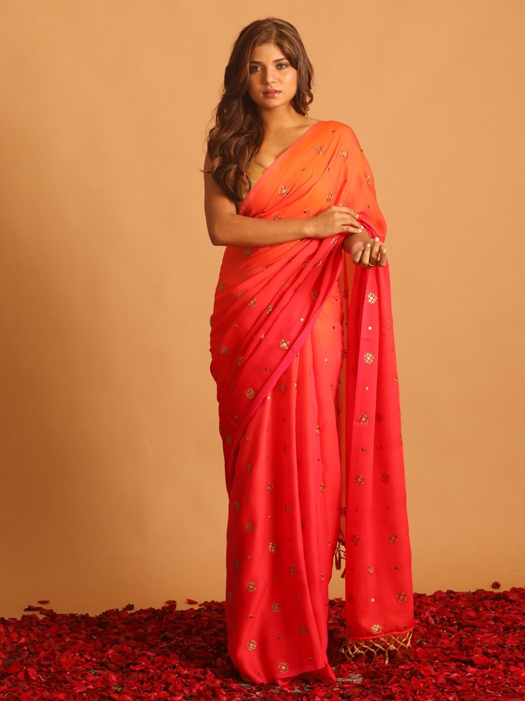 

Saranee Ethnic Motif Embellished Saree, Orange