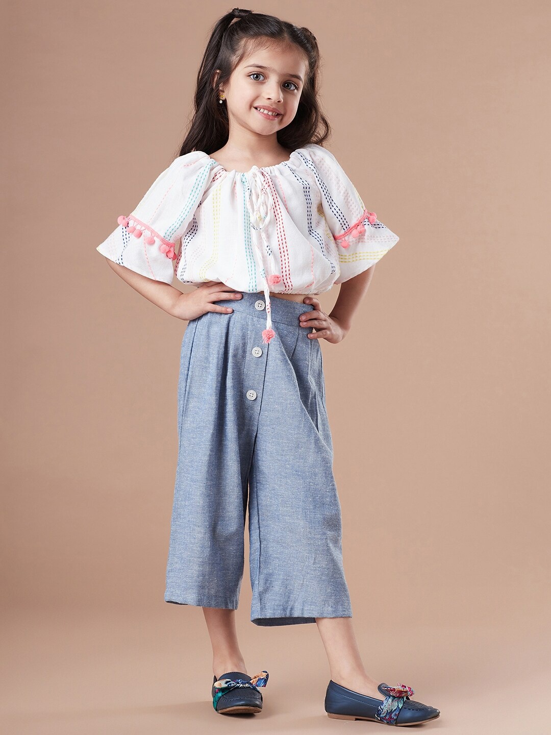 

pspeaches Girls Self Design Pure Cotton Crop Top with Trousers Clothing Set, White