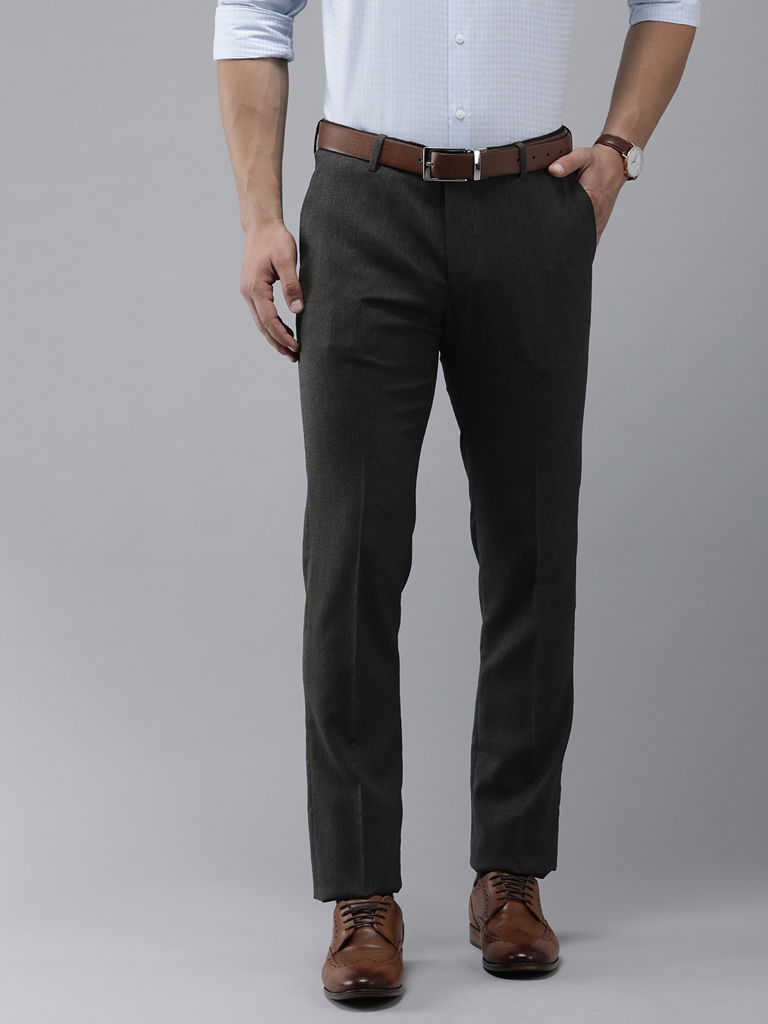 

Arrow Men Tailored Fit Solid Mid-Rise Formal Trousers, Grey