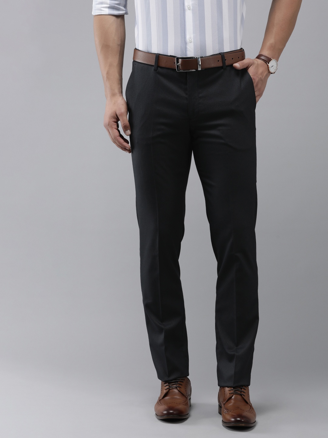

Arrow Men Tailored Fit Textured Mid-Rise Formal Trousers, Navy blue