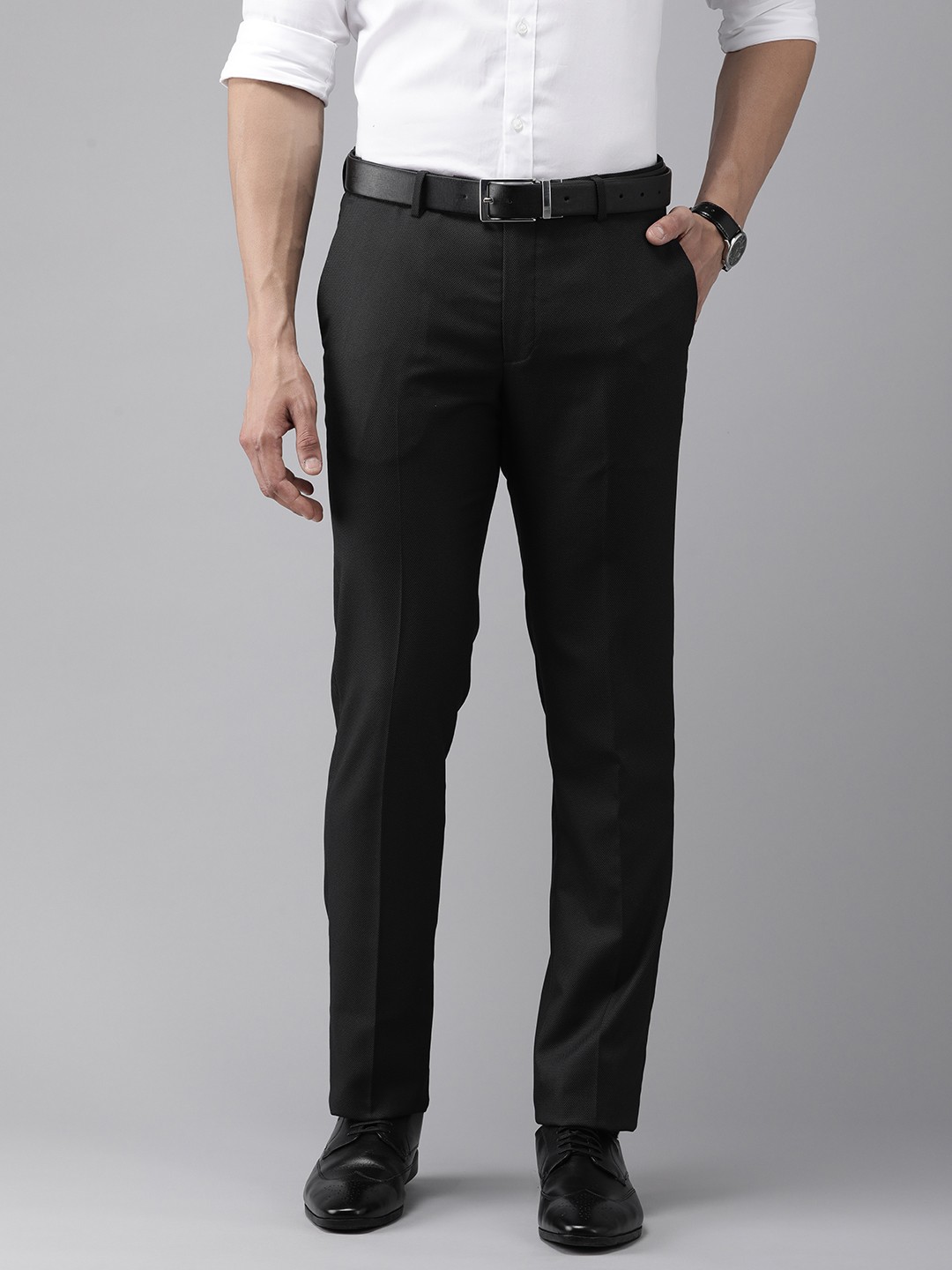 

Arrow Men Textured Tailored Flat Front Formal Trousers, Black