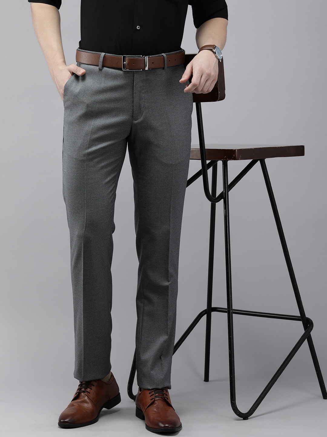 

Arrow Men Mid-Rise Self Design Textured Tailored Fit Formal Trousers, Grey