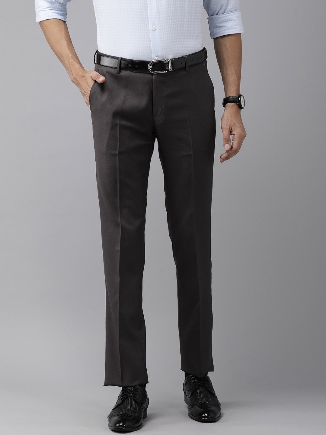 Arrow Men Self Design Textured Mid-Rise Tailored Fit Trousers, Grey