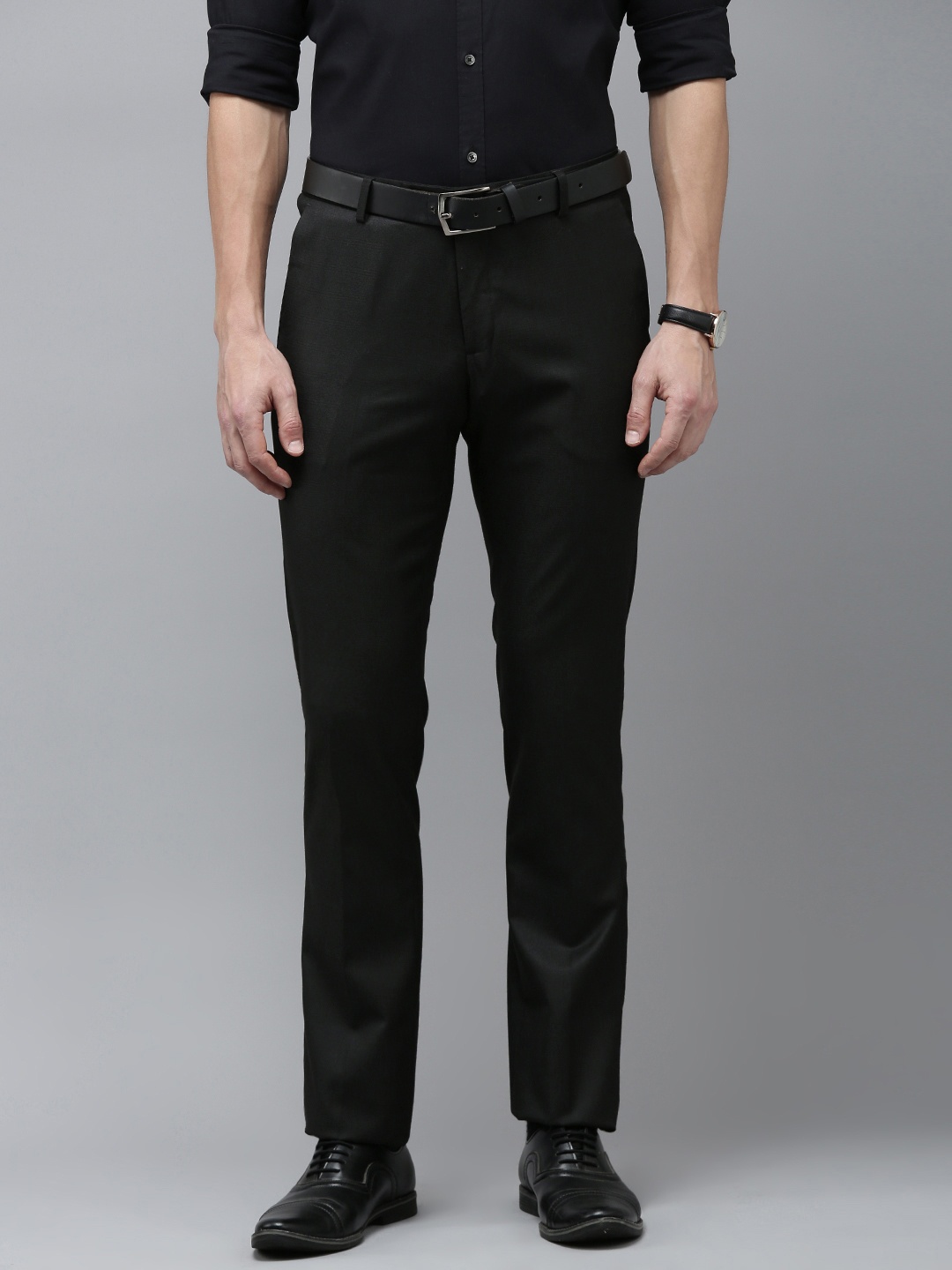 Arrow Men Solid Flat Front Tailored Formal Trousers, Black