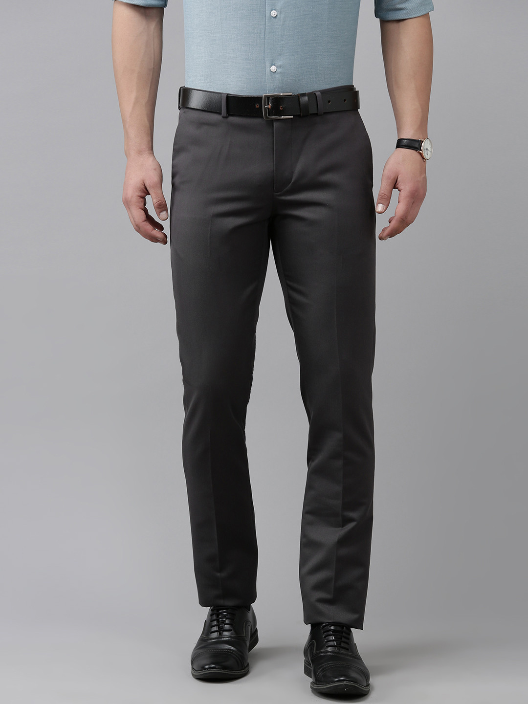 

Arrow Men Solid Tailored Regular Fit Mid-Rise Plain Woven Flat-Front Formal Trousers, Charcoal