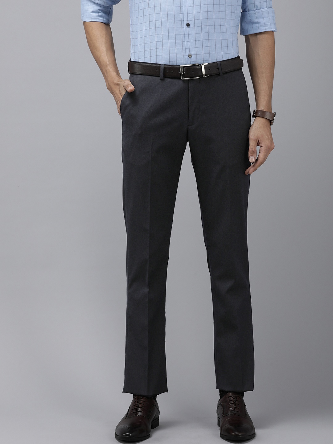 

Arrow Men Self Design Textured Hudson Tailored Fit Formal Trousers, Navy blue