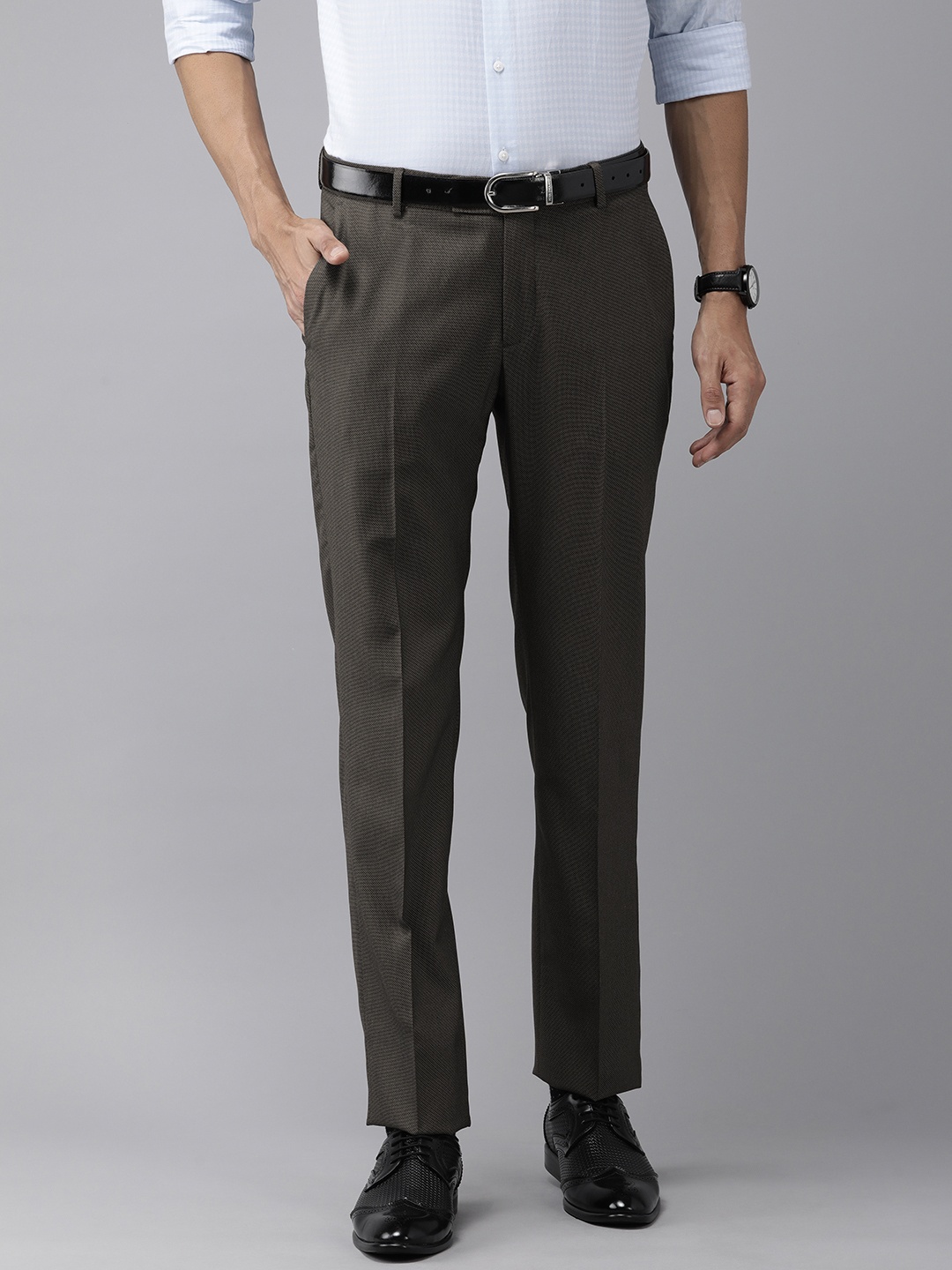 

Arrow Men Self Design Textured Mid-Rise Tailored Fit Trousers, Grey