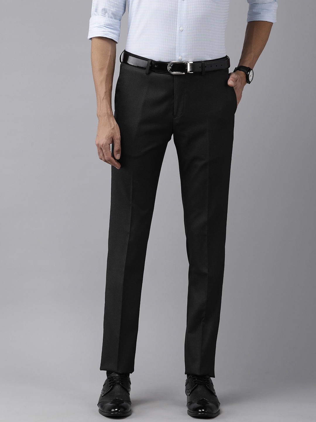 

Arrow Men Tailored Fit Mid-Rise Checked Trousers, Black