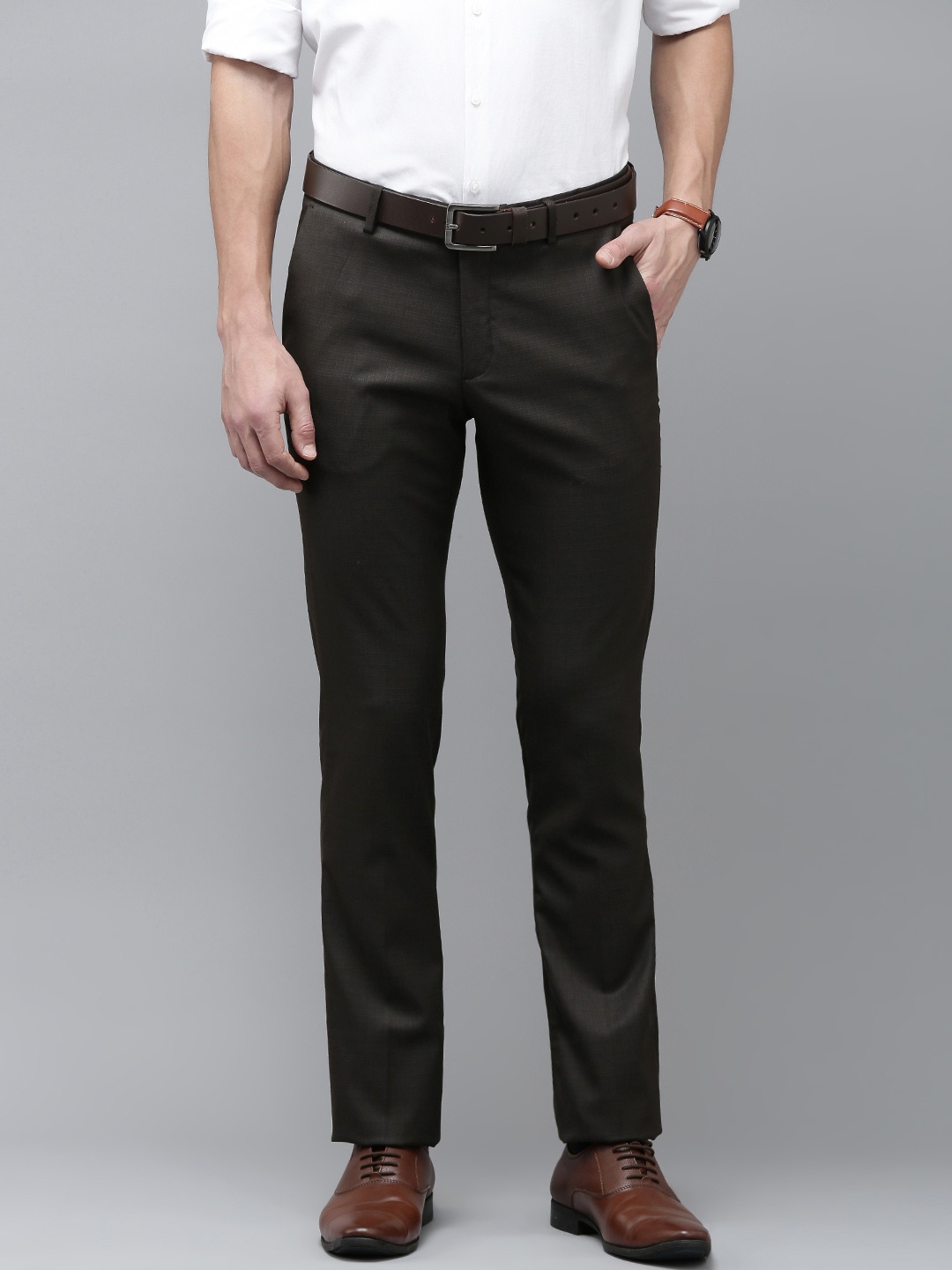 Arrow Men Solid Flat Front Tailored Formal Trousers, Coffee brown