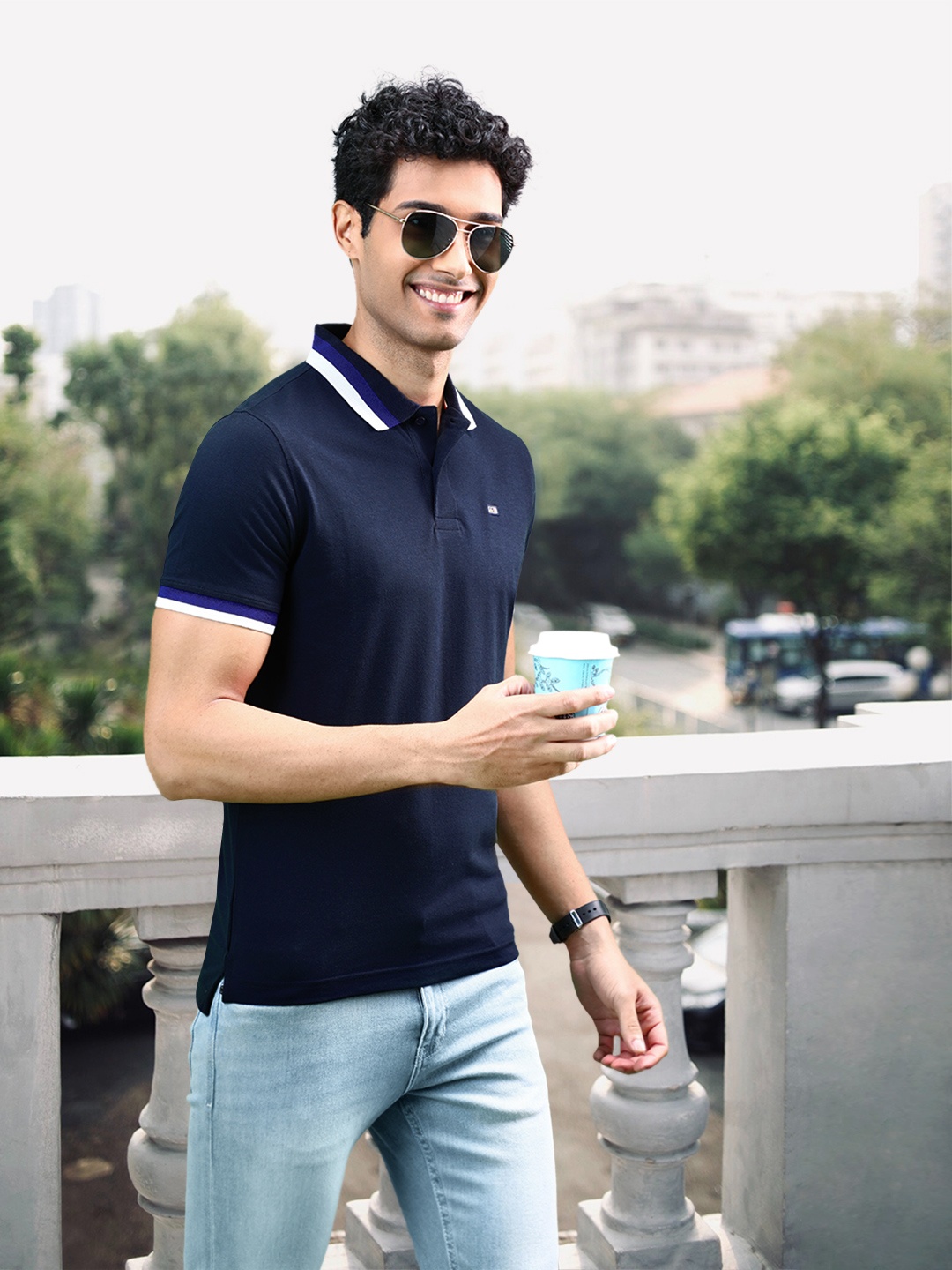 

Arrow Men Solid Polo Collar Applique T-shirt With Contrast Striped Detailing, Navy blue