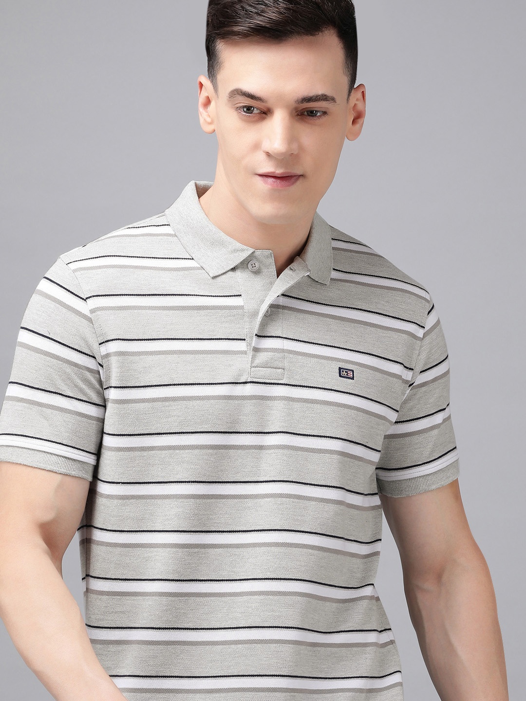 

Arrow Men Striped Polo Collar Applique T-shirt, Grey