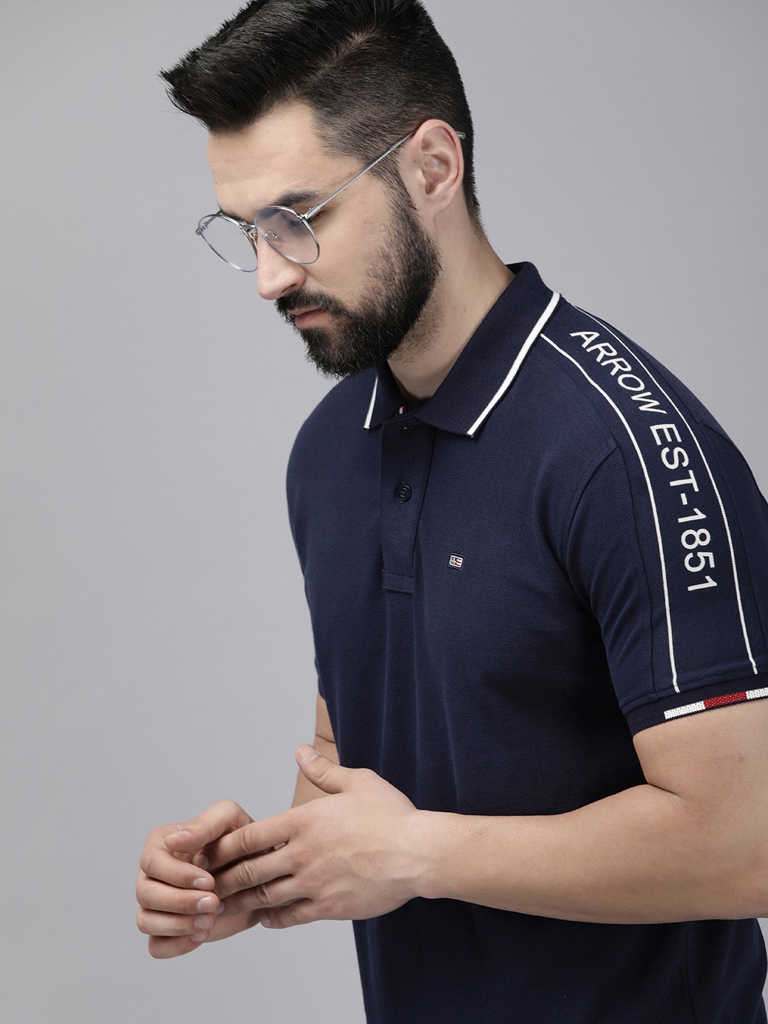 

Arrow Polo Collar Pure Cotton T-shirt With Typography Detail On Shoulder, Navy blue