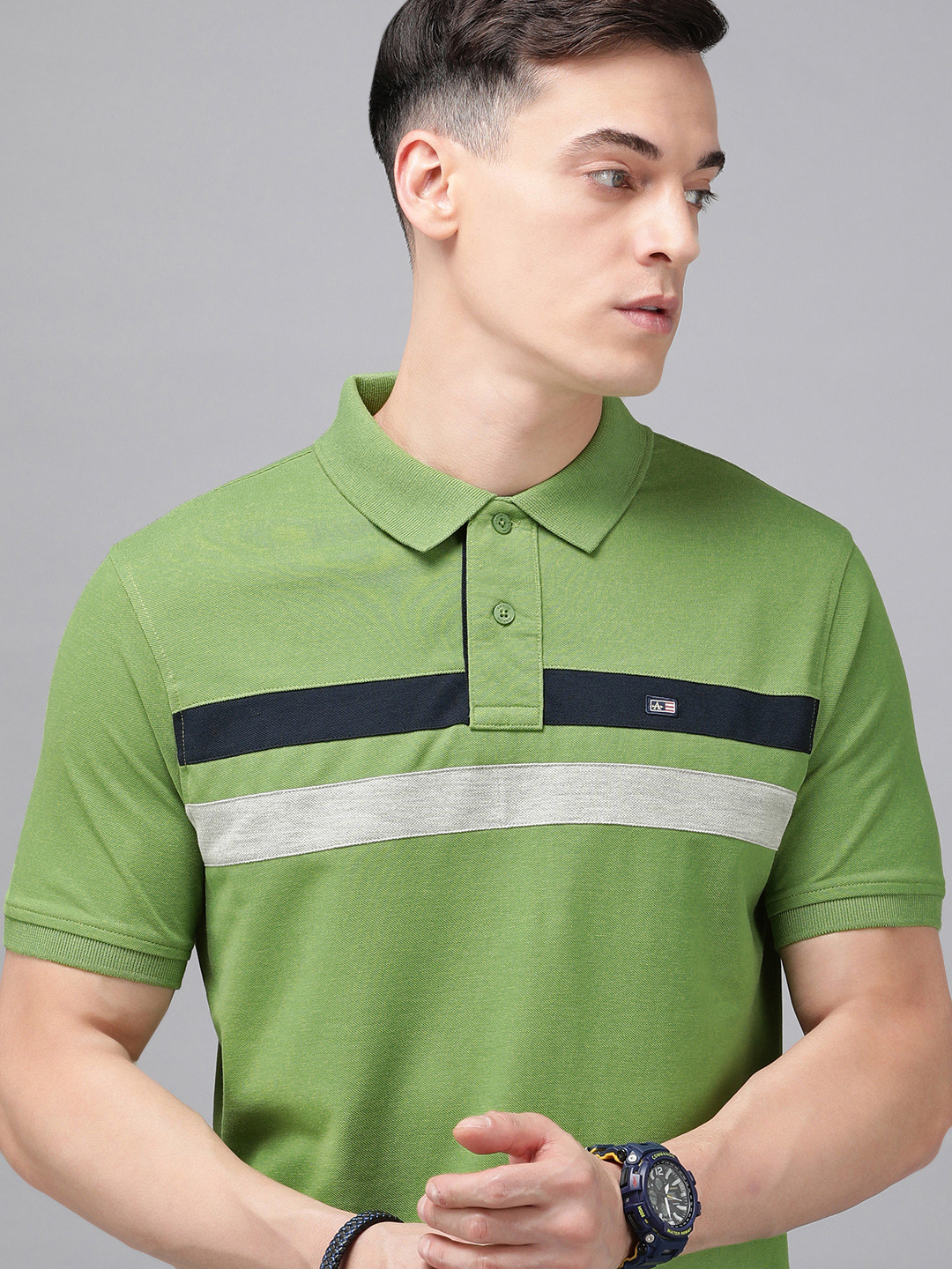 

Arrow Striped Polo Collar T-shirt, Green