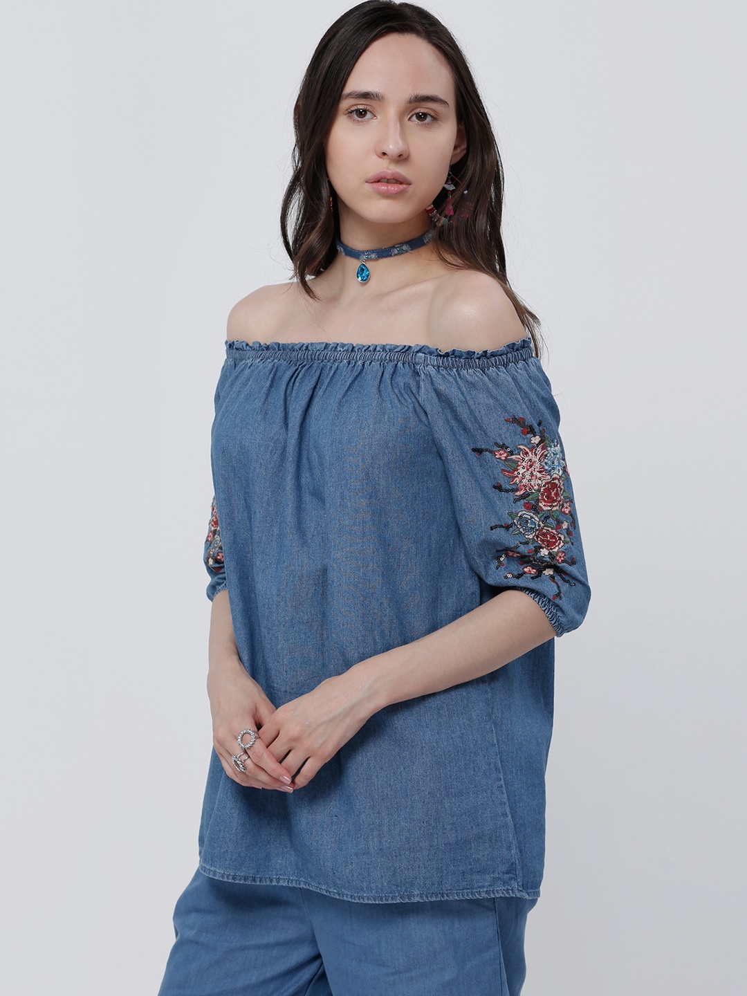 

Splash Women Blue Solid Denim Bardot Top