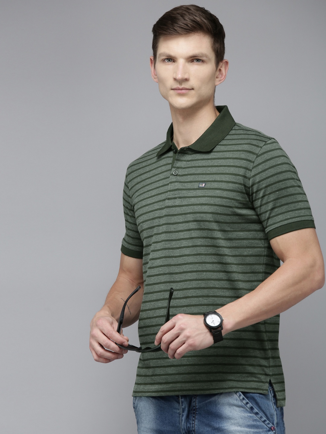 

Arrow Striped Polo Collar T-shirt, Green