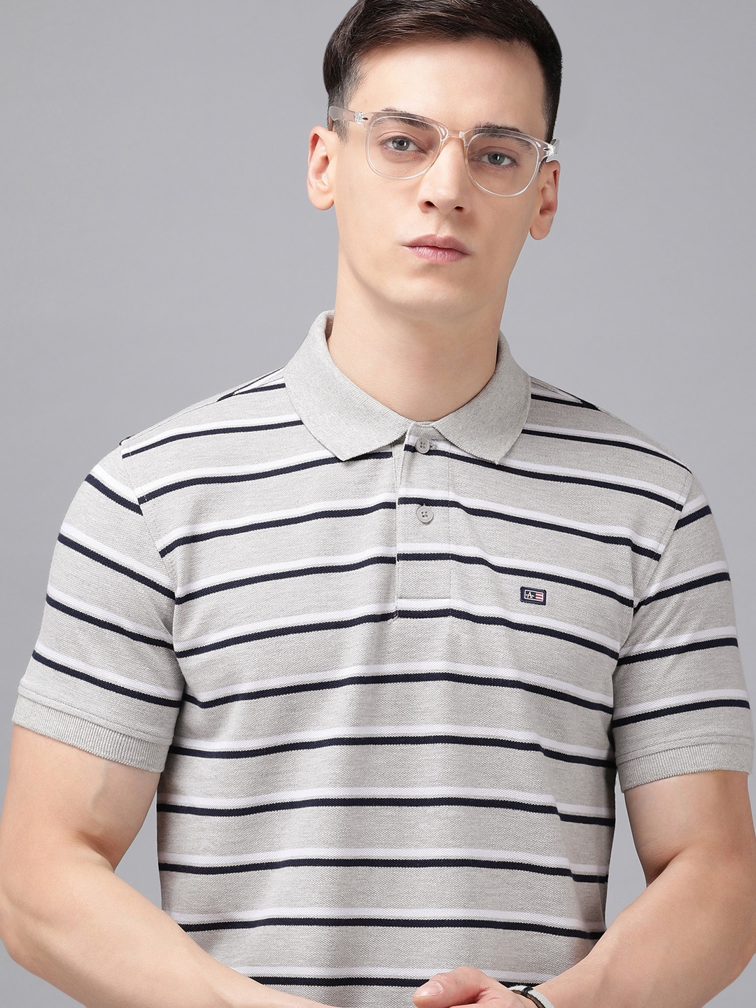 

Arrow Men Striped Polo Collar Applique T-shirt, Grey