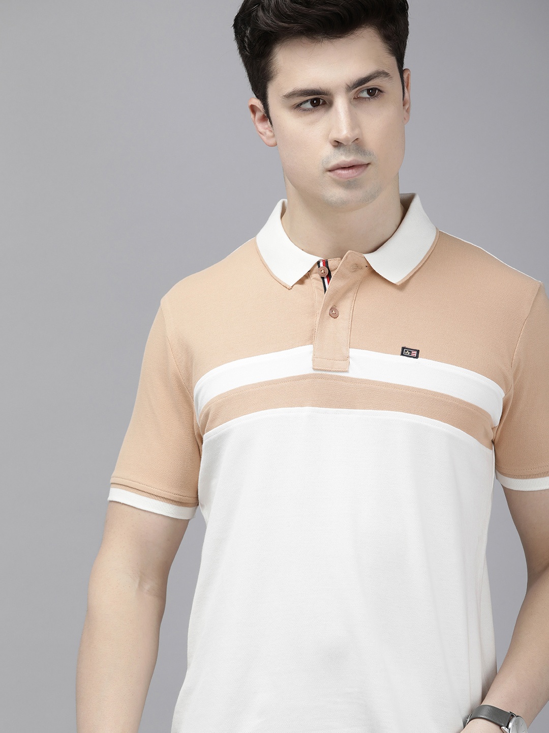 

Arrow Colourblocked Polo Collar Pure Cotton T-shirt, Beige