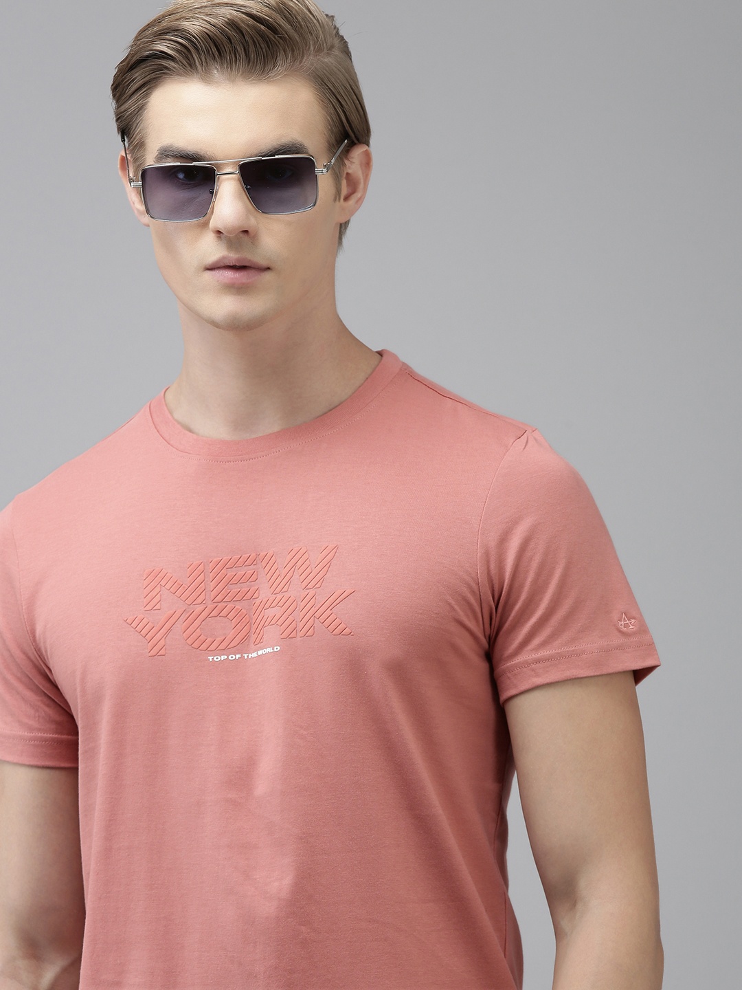 

Arrow Brand Logo Print Round Neck Knitted Pure Cotton T-shirt, Pink
