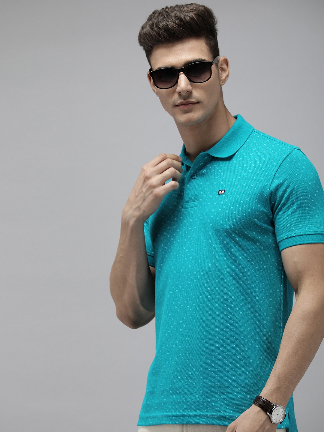 

Arrow Micro-Ditsy Geometric Printed Polo Collar T-shirt, Turquoise blue