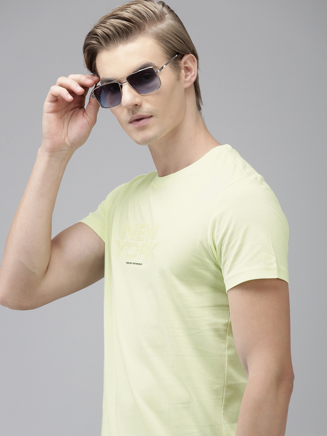 

Arrow Brand Logo Print Round Neck Knitted Pure Cotton T-shirt, Yellow