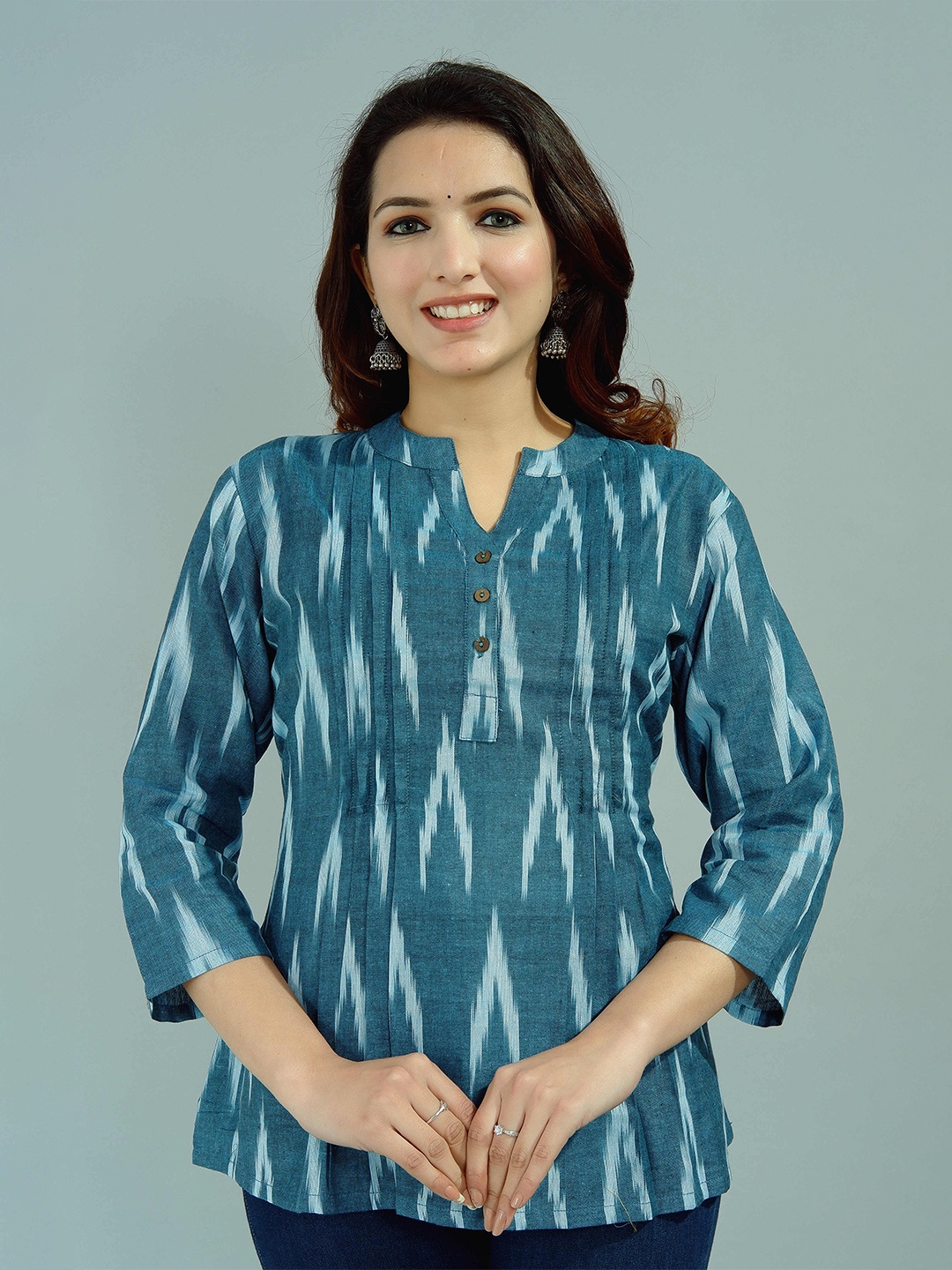 

Tetalee Geometric Printed Mandarin Collar Top, Teal