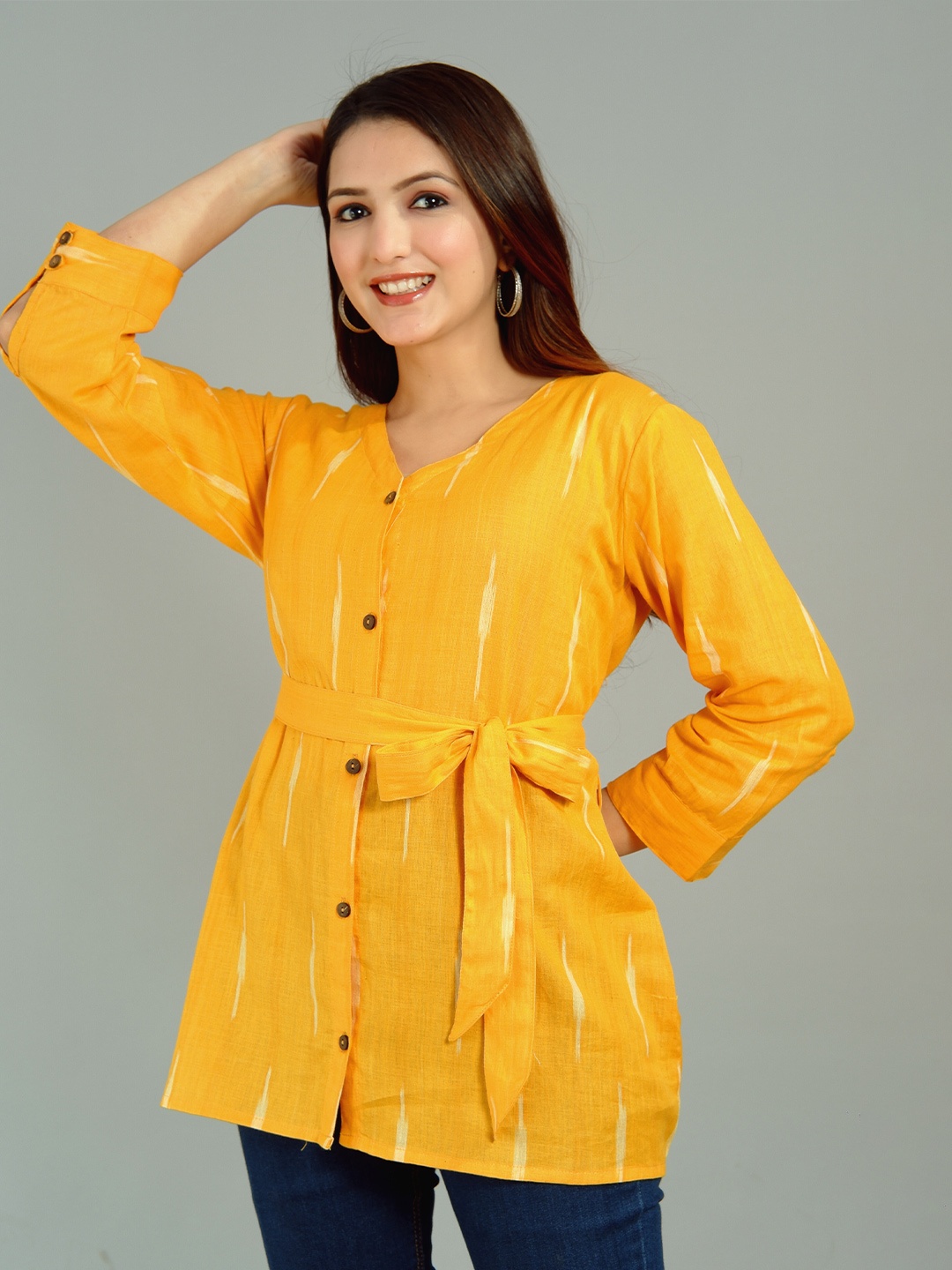 

Tetalee Woven Design Round Neck Tie-Up Detail Kurti, Yellow