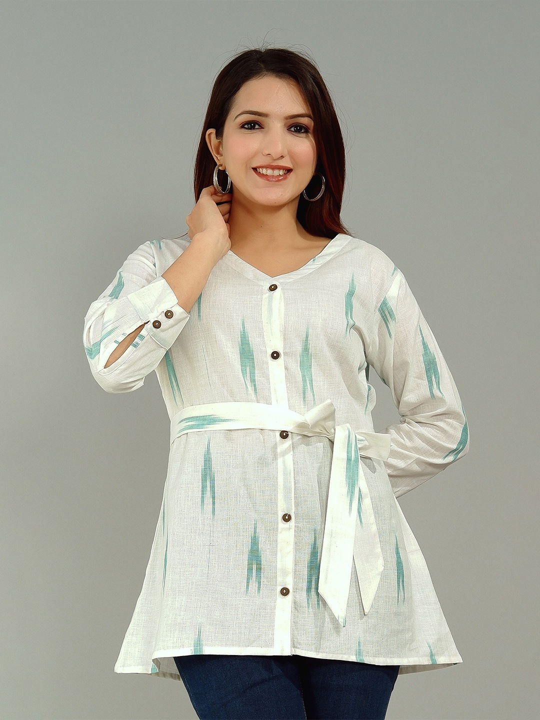 

Tetalee Printed A-line Kurti With Waist Tie-Up, Green