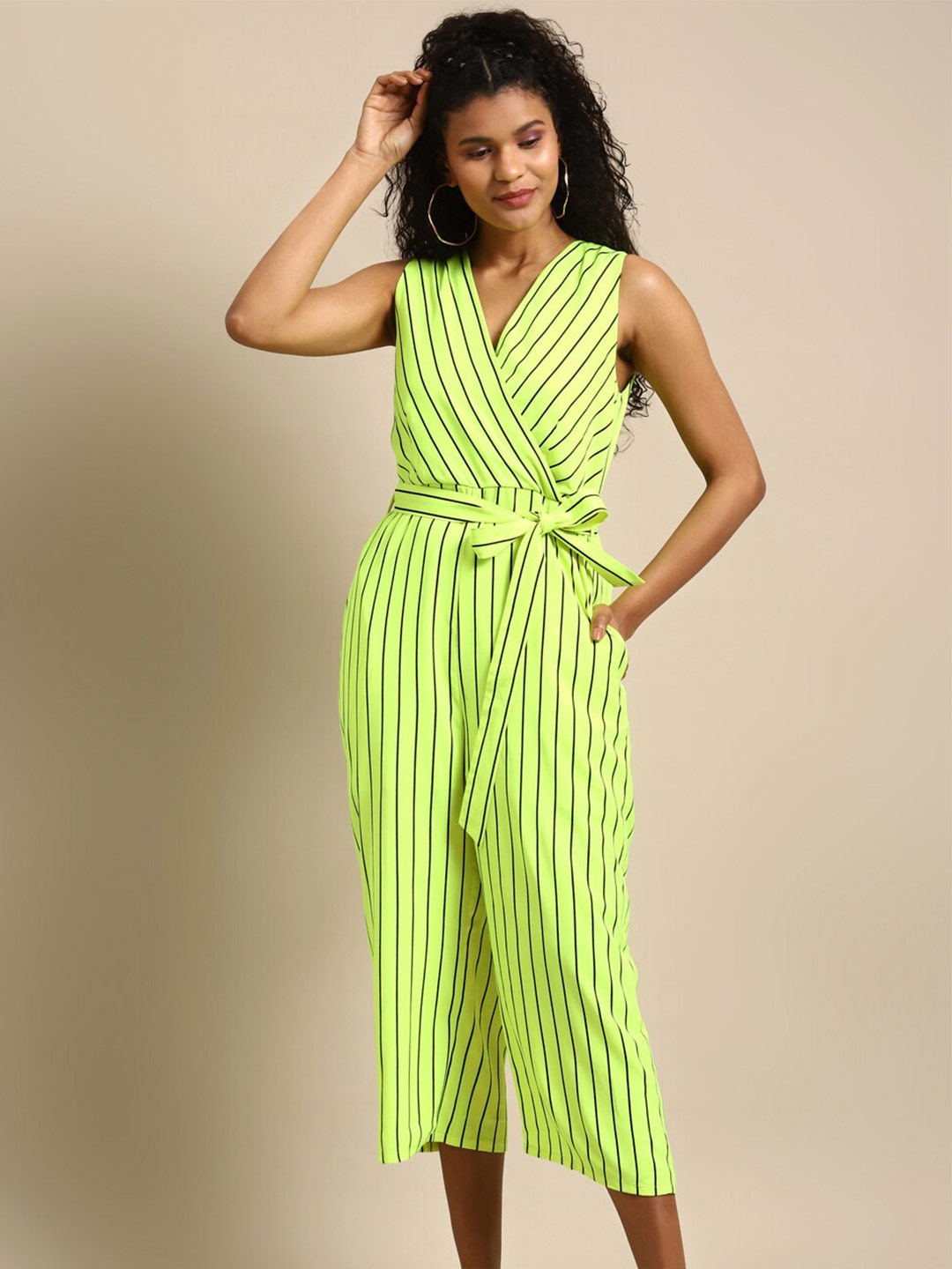 

DODO & MOA Striped Waist Tie-Ups Wrap Basic Jumpsuit, Lime green