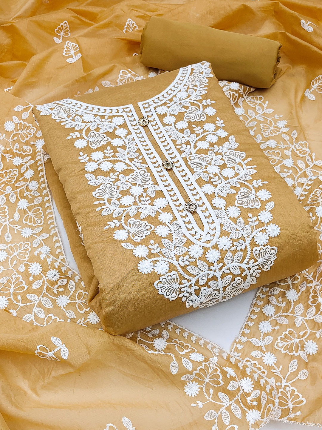 

KALINI Embroidered Chanderi Cotton Unstitched Dress Material, Beige