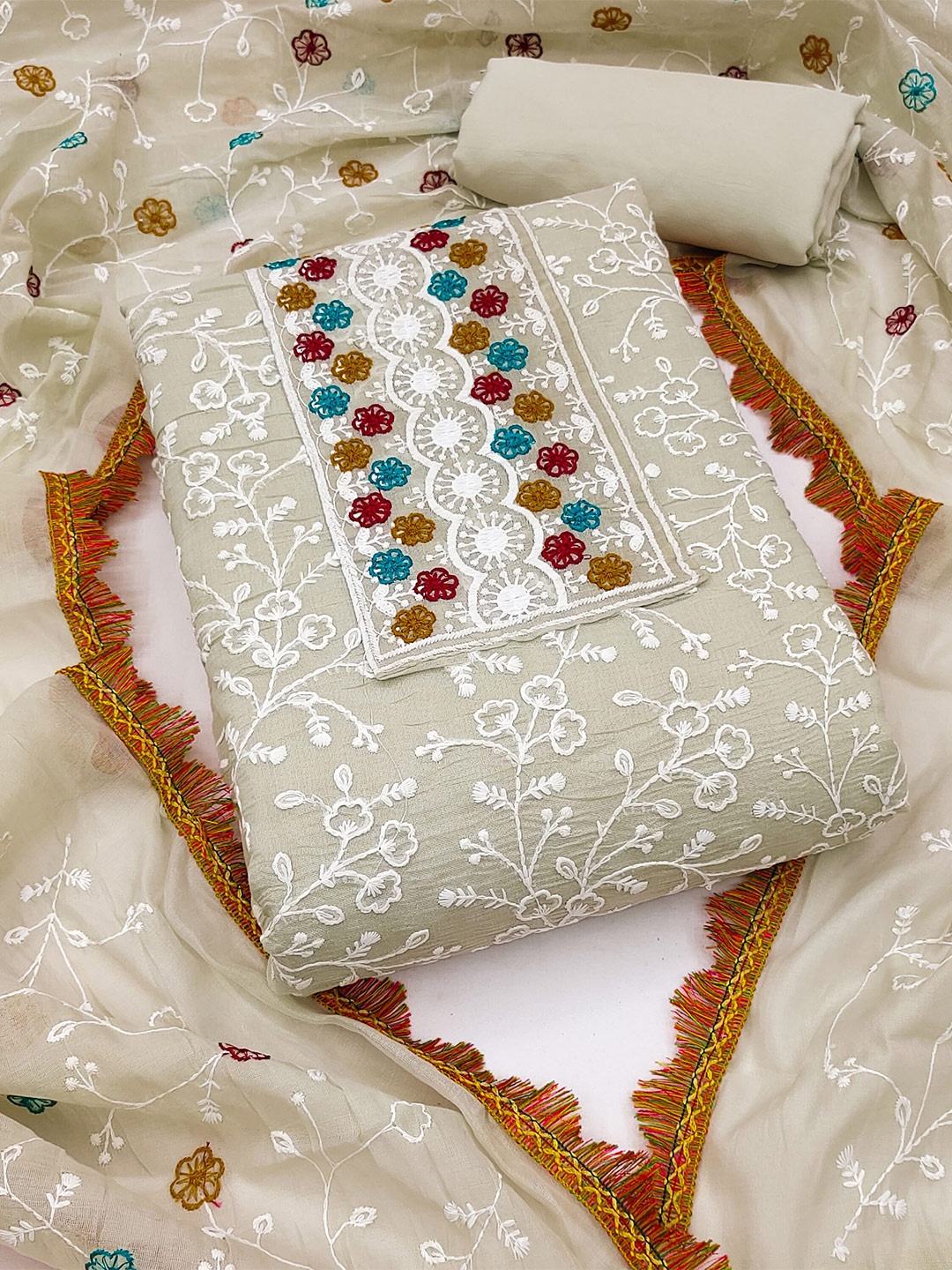 

KALINI Embroidered Chanderi Cotton Unstitched Dress Material, Beige
