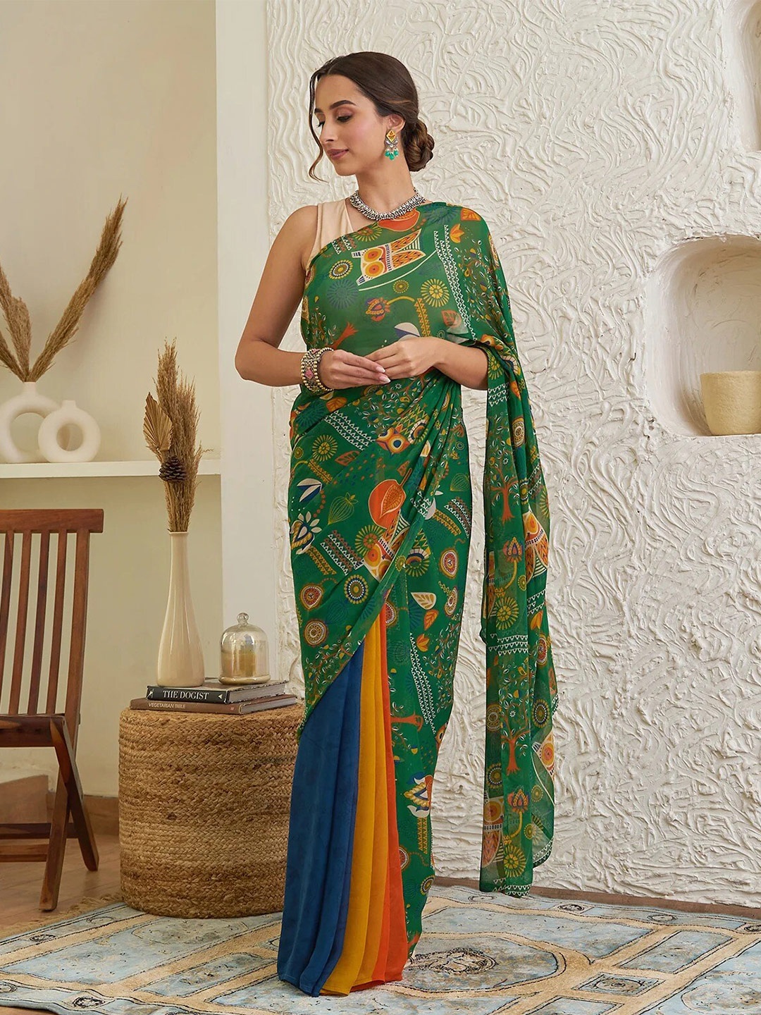 

Rustorange Floral Printed Pure Georgette Half And Half Saree, Green