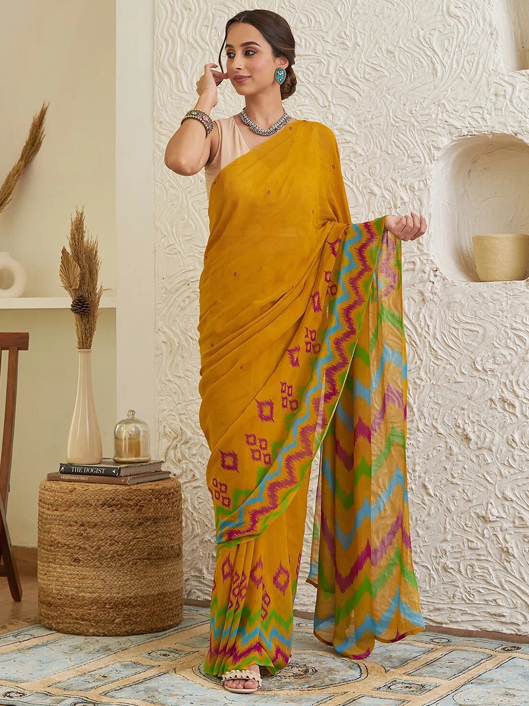 

Rustorange Geometric Pure Georgette Saree, Mustard