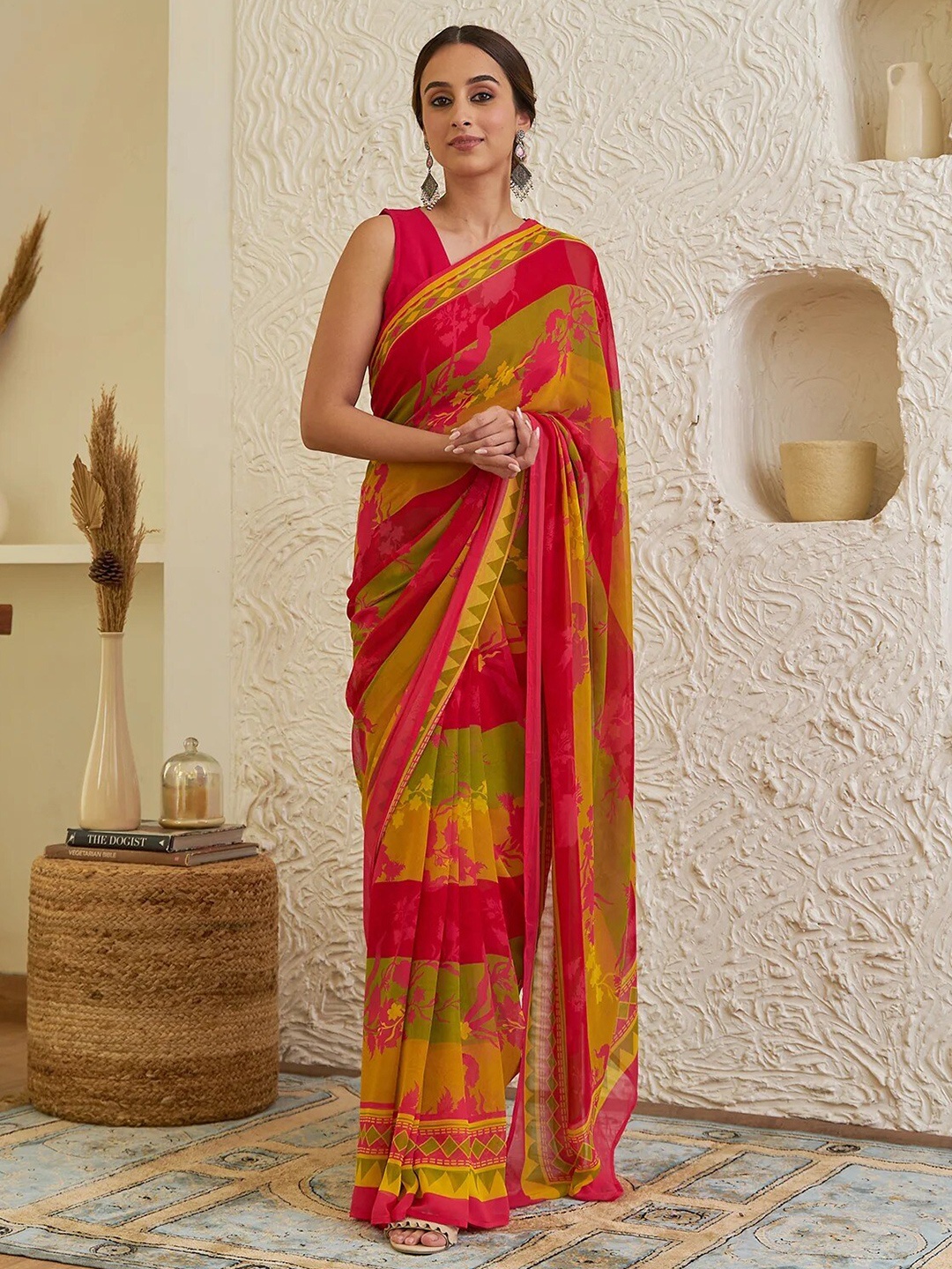 

Rustorange Floral Printed Pure Georgette Saree, Mustard