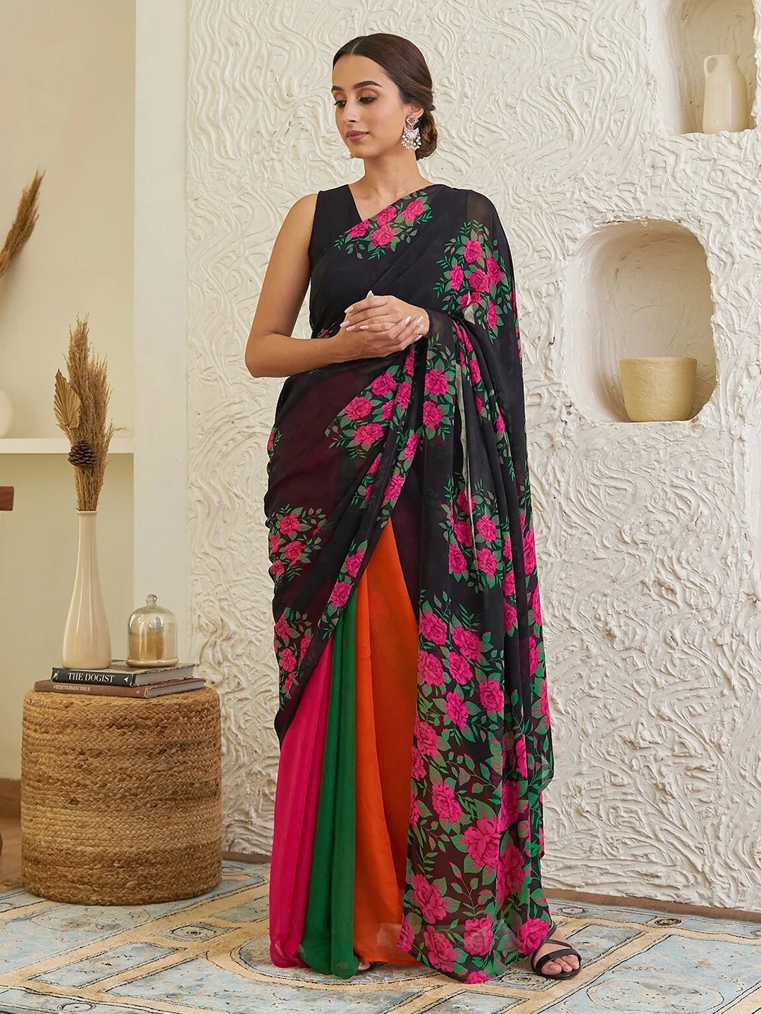 

Rustorange Floral Printed Pure Georgette Saree, Black