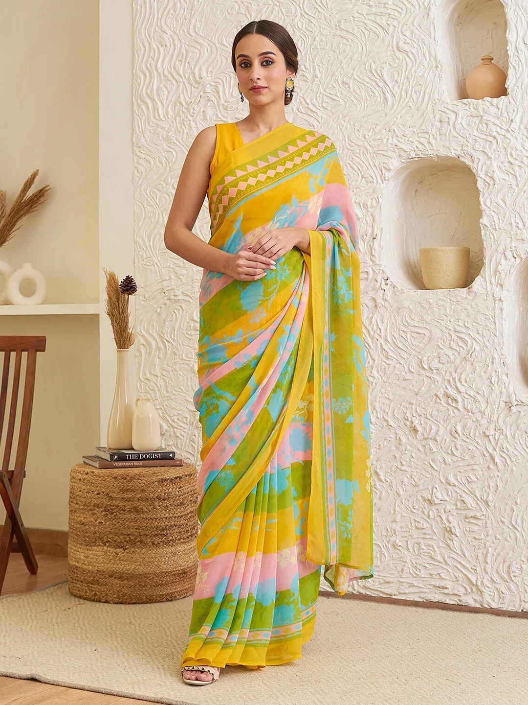 

Rustorange Floral Printed Pure Georgette Saree, Yellow