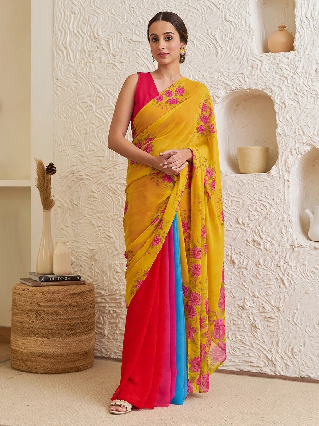 

Rustorange Floral Printed Half & Half Pure Georgette Saree, Yellow