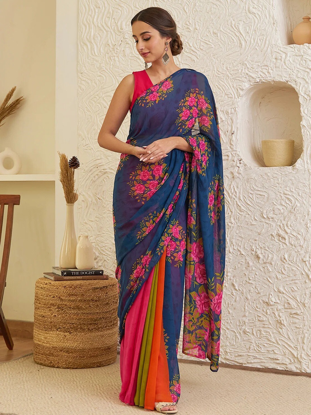 

Rustorange Floral Printed Half & Half Pure Georgette Saree, Navy blue