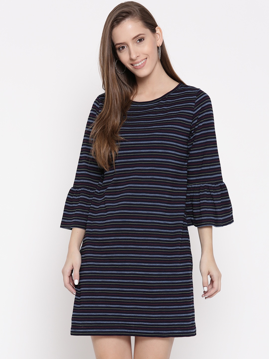 

Vaak Women Navy Blue Striped T-shirt Dress