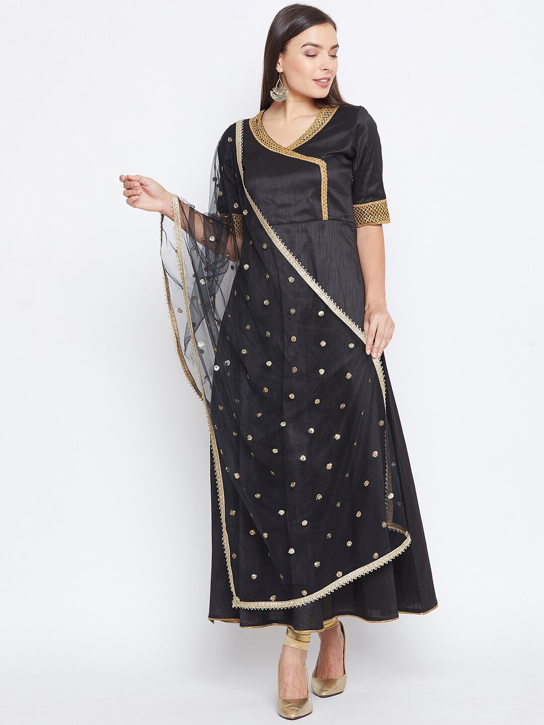 

studio rasa Sequinned Embroidered Taping Border Dupatta, Black