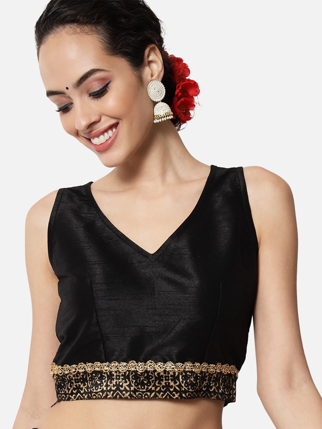 

studio rasa V-Neck Sleeveless Gotta Patti Saree Blouse, Black