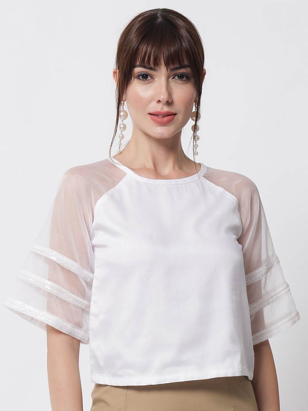 

studio rasa Round Neck Flared Sleeves Sequinned Top, White