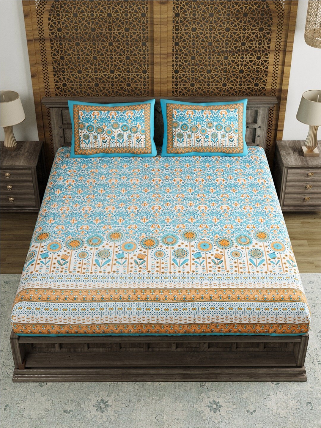 

BLOCKS OF INDIA Blue Floral Cotton Fitted 210 TC King Bedsheet With 2 Pillow Covers, White