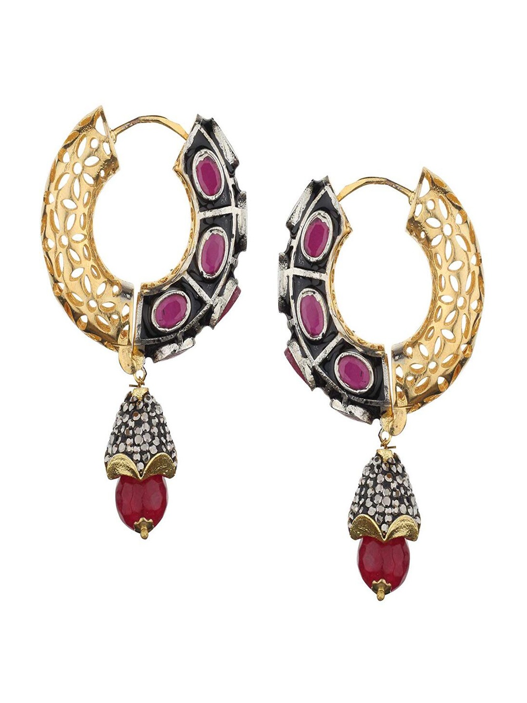 

Runjhun Gold Plated Contemporary Cubic Zirconia Studded Hoop Earrings, Red