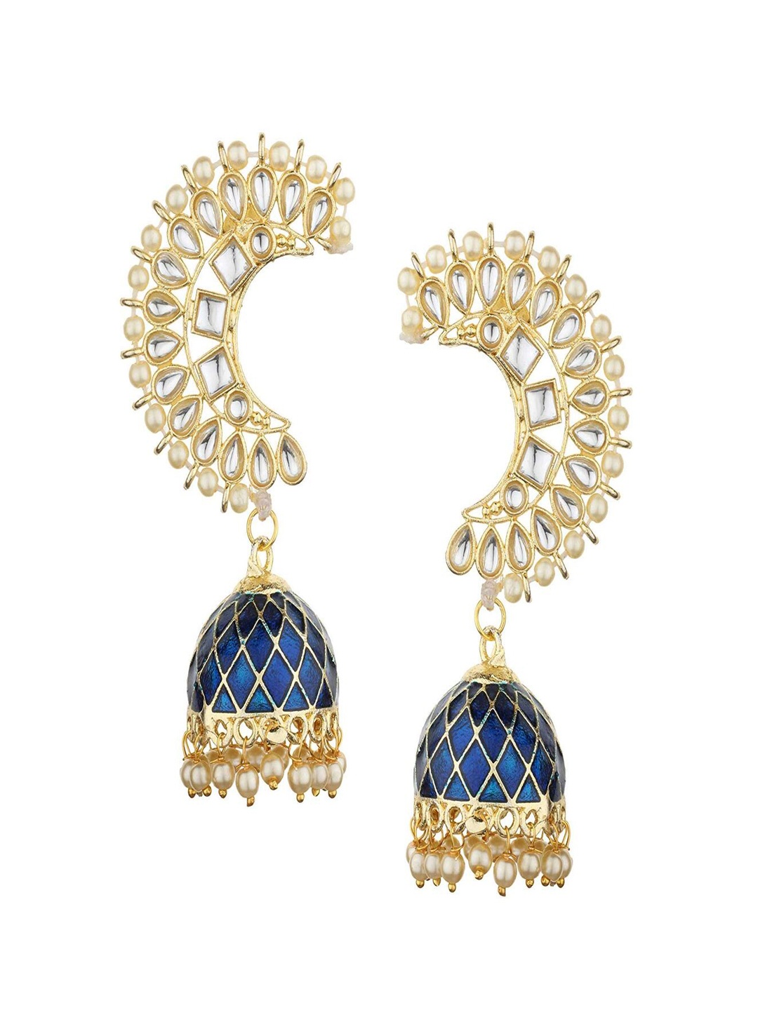 

Runjhun Gold Plated Contemporary Kundan Jhumkas Earrings, Blue