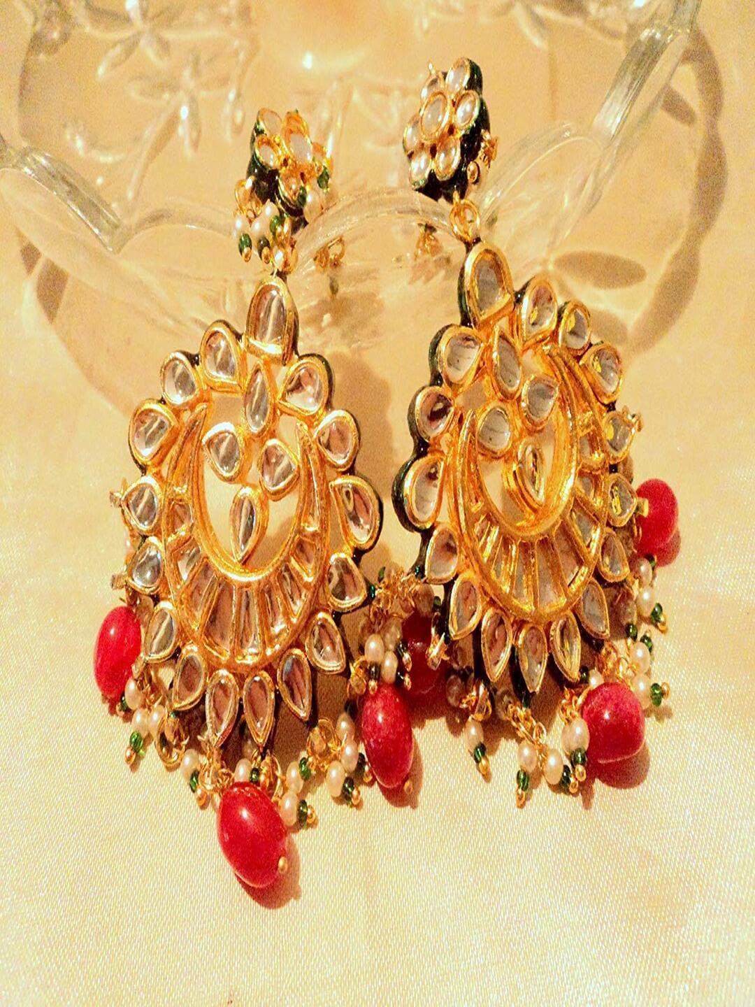

Runjhun Gold-Plated Kundan Drop Earrings, Maroon