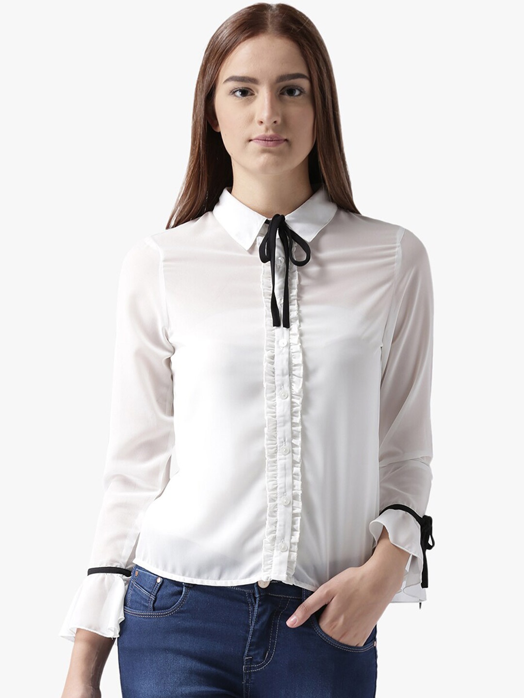 

DODO & MOA Tie-Up Neck Chiffon Shirt Style Top, White